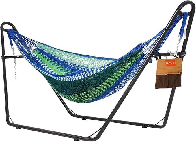 Lazy Daze Hammocks Handwoven Mayan Hammock with Heavy Duty Steel Stand, 10.5 FT Soft Rope Double Hammock for Patio Outside, 550 lbs Weight Capacity, Blue/Green