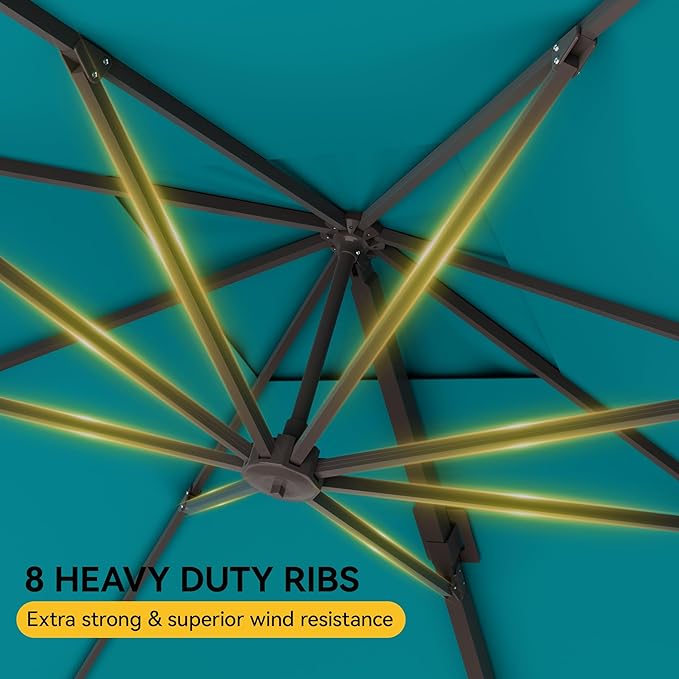 10x10FT Cantilever Outdoor Umbrella with Base, 360° Rotating Large Offset Square Patio Umbrella, Ideal for Garden Backyard Deck Courtyard, Turquoise