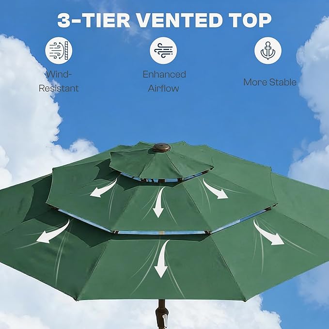 10ft 3 Tier Patio Umbrella, Outdoor Market Table Umbrella with UPF 50+ Vented Canopy, 8 Sturdy Ribs, Easy Push Button Tilt and Crank, Windproof for Deck, Pool, Backyard and Garden