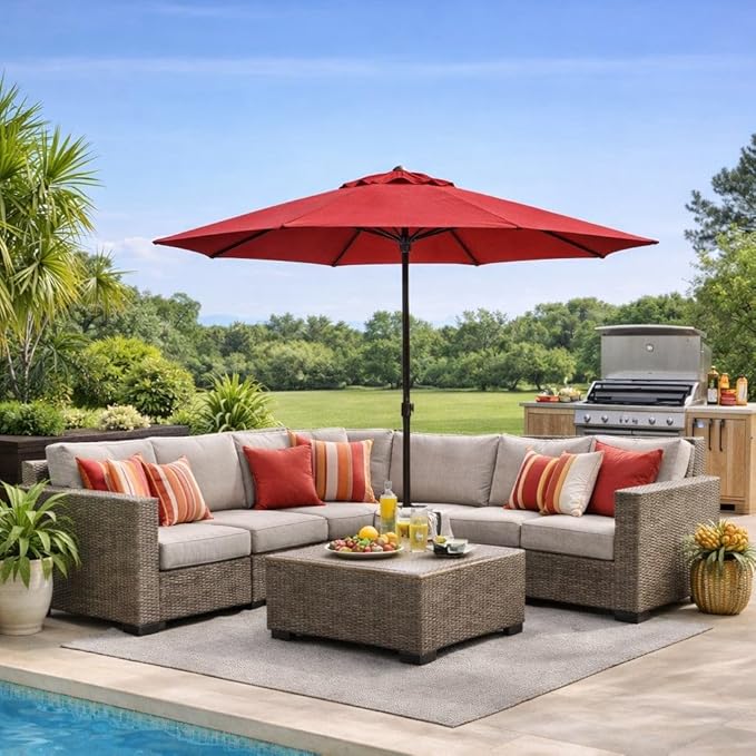 BrylaneHome Outdoor Tilt-And-Crank Umbrella With 8 Sturdy Steel Ribs Heavy Duty Fade-Resistant Tilting Shade Patio Garden Backyard Décor Pool Home