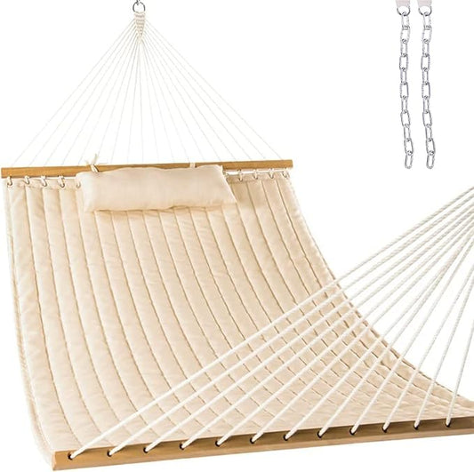 Lazy Daze Hammocks 2 Person Quilted Fabric Double Hammock with Spreader Bars and Detachable Pillow, 450lbs Capacity, Linen