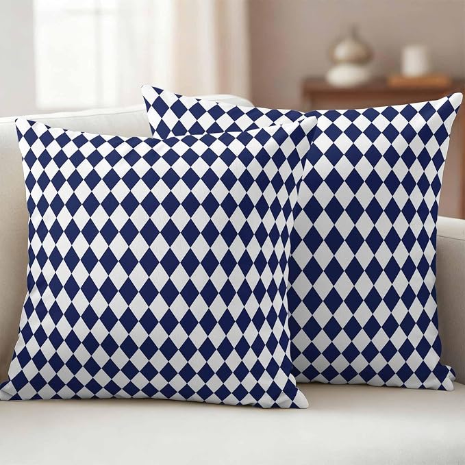Outdoor Throw Pillow Cover Modern Geometric Buffalo Plaid Waterproof Cushion Covers 2 Pack Abstract Blue White Diamond Pillow Cases Home Decoration for Patio Garden Couch Sofa