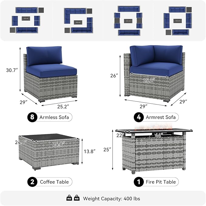 LazySunsets 15-Piece Patio Furniture Set with 44" Fire Pit Table, Wicker Outdoor Furniture, Patio Conversation Sets with Coffee Table, Outdoor Sectional Couch with Waterproof Cover, Blue