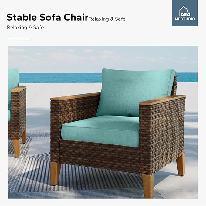 MFSTUDIO 9 Piece Wicker Patio Furniture Set, 2 x Single Chair, 2 x Ottoman, Loveseat Sofa, 3-Seat Sofa, All-Weather Outdoor PE Rattan Patio Conversation Set for Garden, Backyard(Aqua Blue Cushions)