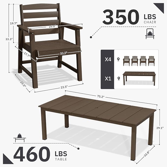 AreShark 5-Piece Outdoor Dining Set,HDPE Patio Table with 4 Armchairs,All-Weather Patio Furniture Set with Umbrella Hole,Low Maintenance Wood Grain Dining Set for Backyard,Garden,Poolside,Black