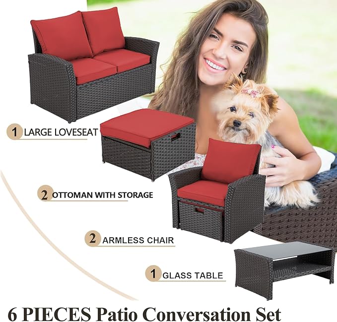 HOMREST 6 Piece Patio Conversation Set, Outdoor Sectional Conversation Rattan Sofa Set with Ottoman and Outdoor Storage Table for Garden, Porch, Backyard (Burgundy)