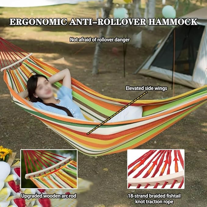 Outdoor Anti-Rollover Double Hammock, Portable Canvas Swing for Beach, Camping Equipment with Storage Bag, Load Bearing 300kg/661.4lbs(Orange)