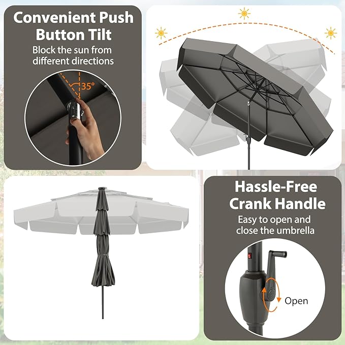 Tangkula 10 FT Solar LED Patio Umbrella, 3-Tiers Scalloped Outdoor Table Market Umbrella with 32 LED Lights, Tilt Adjustment, Crank, 8 Sturdy Ribs for Pool, Deck, Backyard (Gray)