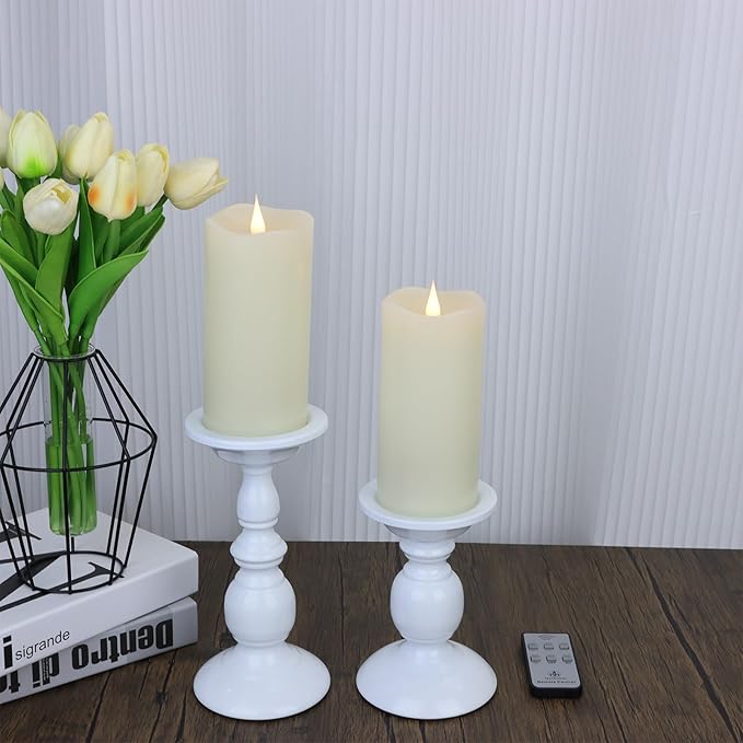TECHLONG Flameless Candles with Remote Timer, 3D Moving Flickering Flame Battery Operated Candles Lasting 1000+ Hours, 6" x 3" Ivory Real Wax Electric LED Pillar Candles, Set of 2