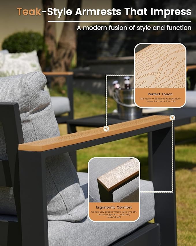 Aluminum Patio Furniture Set, 4 Piece Metal Outdoor Furniture Set with 6″ Thick Washable Cushions & Coffee Table, All Weather Patio Conversation Sets for Yard, Poolside, Garden (Grey)