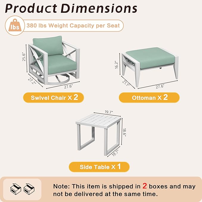 5-Piece Aluminum Outdoor Swivel Rocker Chair Set, 360° Swivel and Rocking Patio Chairs with 5.2-Inch Thick Cushions and Side Table, All-Weather Conversation Sofa for Backyard, Deck, Porch, Balcony