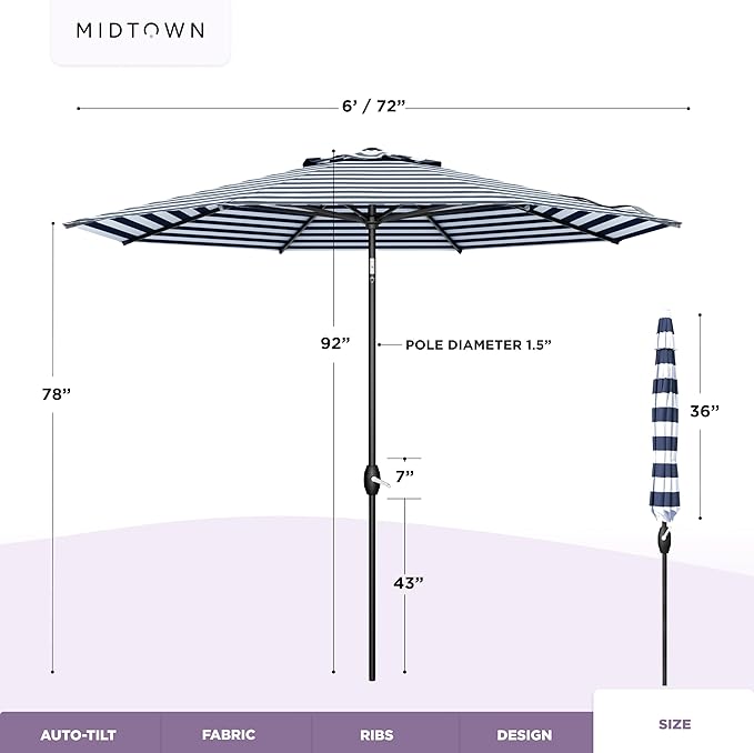 Midtown Umbrellas - 10-Year-No-Fade 6 Ft Patio Umbrella with Terylast Fabric, Auto-Tilt Aluminum Frame and 8 Reinforced Ribs for Deck, Pool, Garden & Beach - Navy/White Stripe Canopy, Black Pole