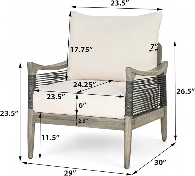 Merax Set of 2 Acacia Wood Patio Club Chairs with Cushions | Grey Acacia Frames, Dark Grey Woven Rope, 6-Inch Seat Cushions And Deep Seating For Porch, Garden, Backyard Or Balcony
