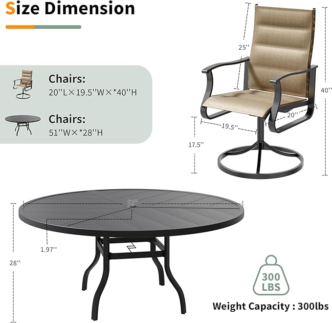 UDPATIO 7 Piece Outdoor Patio Dining Set, Outdoor Patio Table and Chairs Set, 51" Round Table with Umbrella Hole, Outdoor Swivel Rocker Dining Chairs, Patio Outside Dining Set for Lawn, Deck, Yard