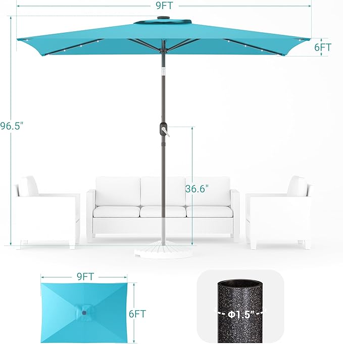 Rectangle Patio Umbrella with Solar Lights, 6x9ft Outdoor Rectangular Table Market Umbrella Patio with Push Button Tilt and Crank for Pool, Deck, Garden,Backyard