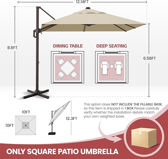 GENTEACO 10X10 FT Cantilever Umbrella, Large Offset Patio Umbrella 6 Angle Tilts & 360° Rotation, Large Square Sun Umbrellas for Outdoor Patio Pool Deck Market, Beige