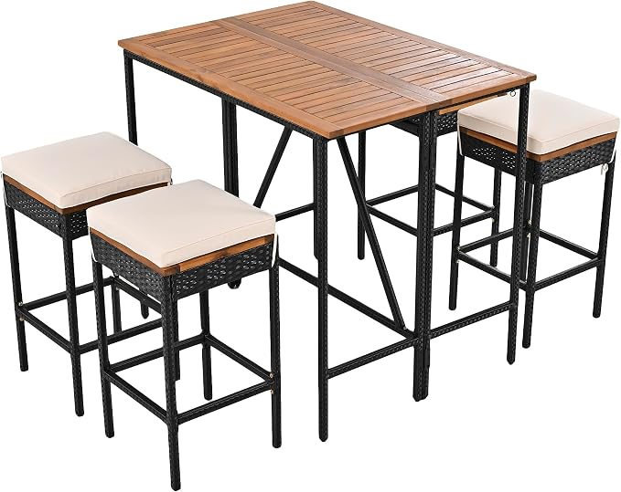 WILLIAMSPACE Patio Bar Table Set of 10, Outdoor Wood Height Bar Table & 8 Bar Stools with Cushions, PE Rattan Wicke Bar Table with Foldable Tabletop, Bistro Set for Backyards Porches (Brown)