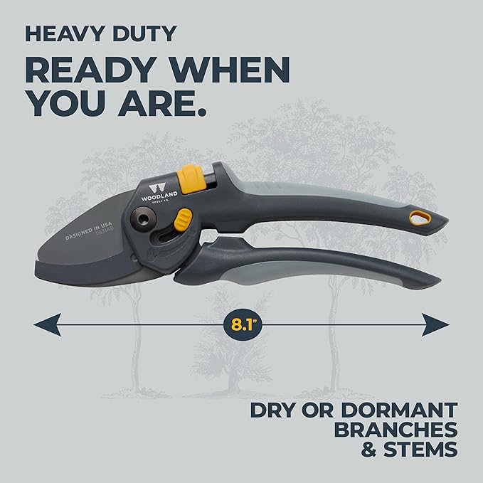 Woodland Tools Co. Heavy Duty Anvil Pruning Shears – 5/8" Cut Capacity, High Carbon Steel Blade, Internal Spring, Adjustable Grip Slider, Garden Pruner for Dry Branches, Stems, and Dead Growth