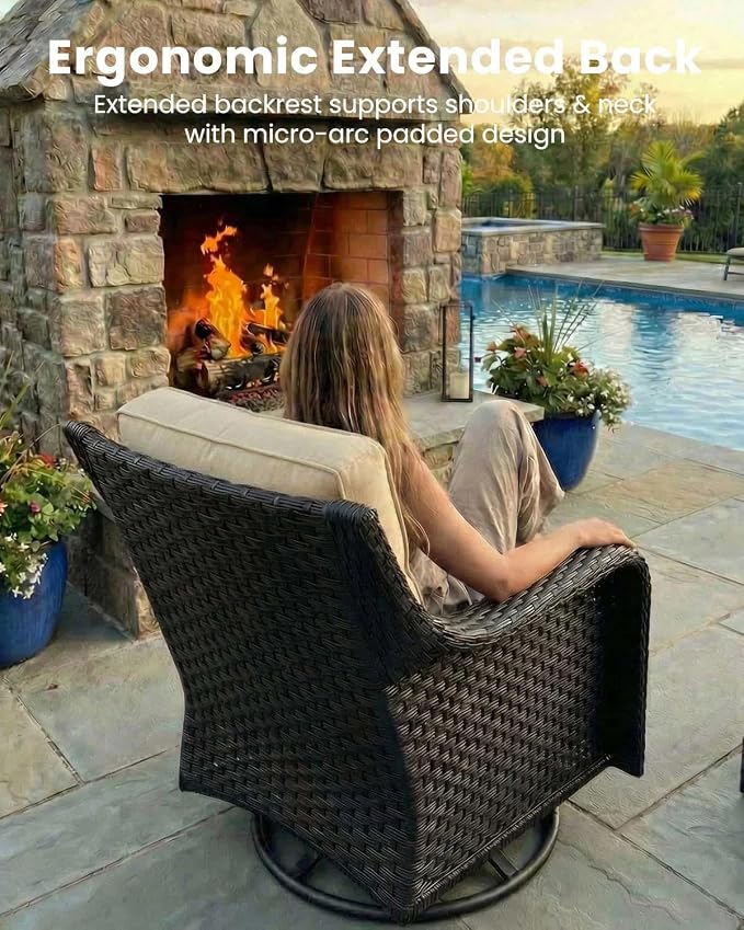 6 Pieces Outdoor Furniture Set with 6-inch Cushions, High Back Wicker Swivel Rocker Chairs with Coffee Table, Luxury Conversation Set for Deck Patio and Poolside