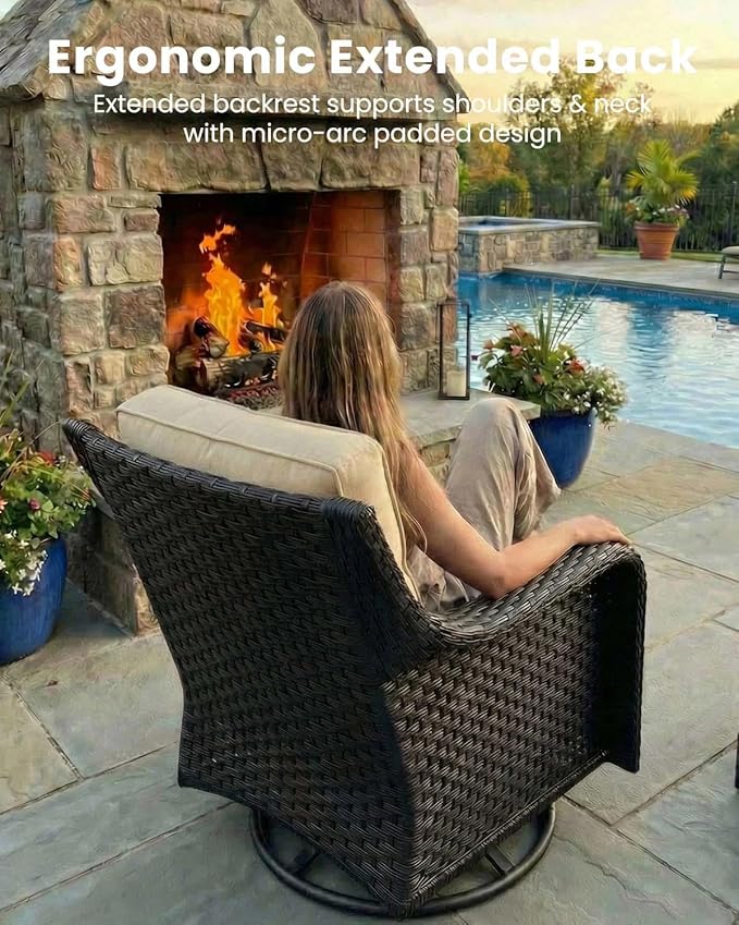 5 Pieces Outdoor Furniture Set with 6-inch Cushions, High Back Wicker Swivel Rocker Chairs with Fire Pit Table, Luxury Conversation Set for Deck Patio and Poolside