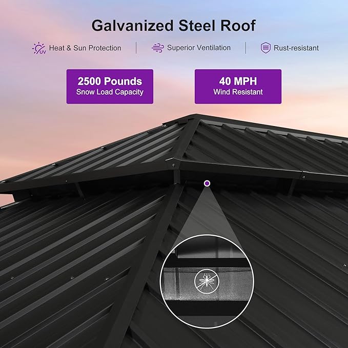 PURPLE LEAF 14' X 28' Outdoor Hardtop Gazebo for Patio Galvanized Steel Double Roof Permanent Canopy Teak Finish Coated Aluminum Frame Pavilion Gazebo with Netting