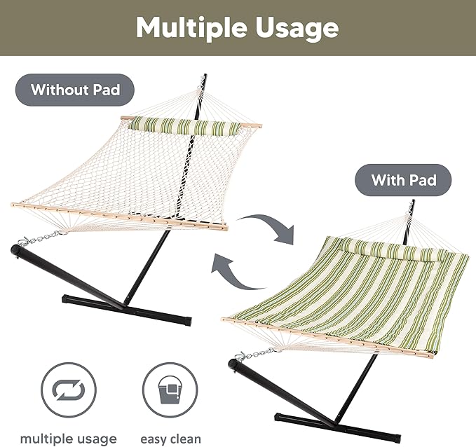 SUNCREAT Cotton Rope Hammock for Two People with Polyester Pad, 12 FT Steel Stand, Heavy Duty Hammock Storage Bag with Zipper