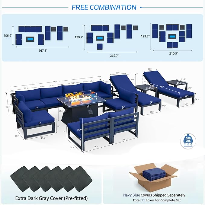 NICESOUL 13 Piece Large Contemporary Aluminum Outdoor Furniture Set with Chaise Lounge & Fire Pit Table, 29" Deep Couch Set, 500 lbs High Weight Capacity Patio Sectional Sofa for Poolside, Navy Blue