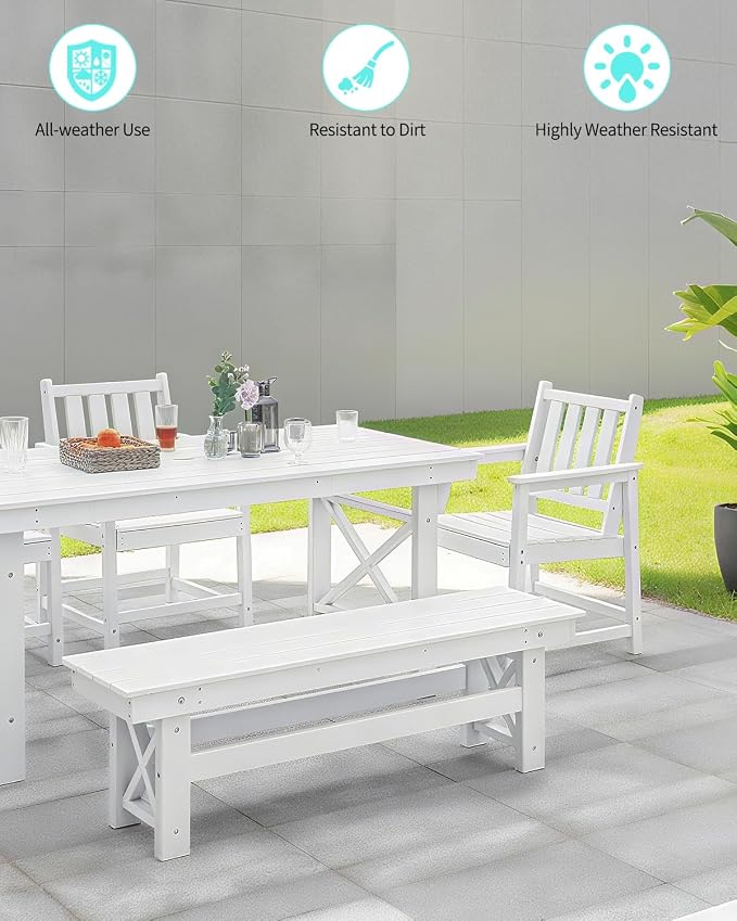 Outdoor HDPE Dining Set for 6, Patio Dining Furniture Set with Umbrella Hole Table and 1 Bench and 4 Chairs, All Weather Outdoor Dining Bench Sets for Poolside, Garden, Deck, White