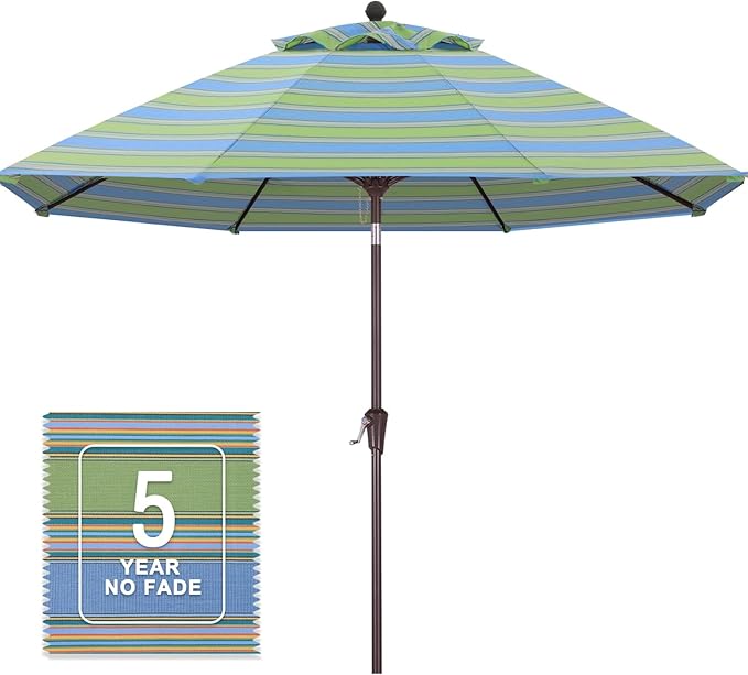 MASTERCANOPY Olefin 5-Year-Non-Fading 9ft Patio Umbrella with Tilt and Crank, Large UV Resistant Outdoor Table Umbrella with 8 Fiberglass Ribs for Deck, Yard & Market, Blue-Green-Yellow Multi-Stripes