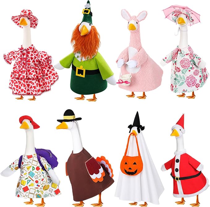 FuWeave 8 Set Holiday Porch Goose Outfits 23'' Goose Clothes Summer Fall Halloween Christmas Winter Thanksgiving Valentine St. Patrick Easter 4th of July Lawn Porch Geese Costume for Patio Yard Decor