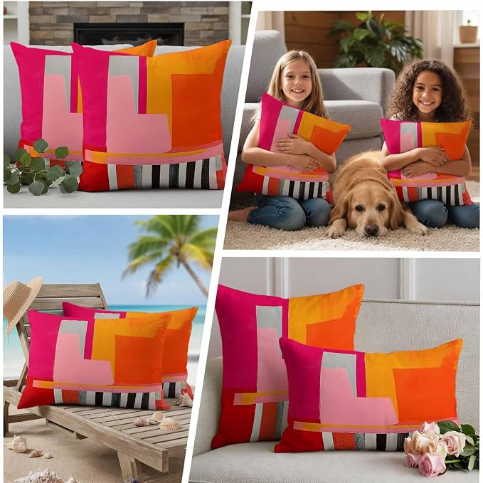 JasmineM Outdoor Pillow Cover 18x18 Inches Set of 2 Abstract Pink Orange Red Waterproof Throw Pillow Covers Painting Modern Art Decorative Pillowcases Garden Cushion Case for Patio Couch Sofa