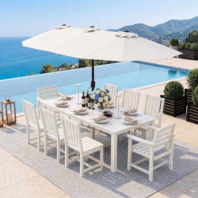 9-Piece Outdoor Dining Set with 15FT Umbrella for 8,White | 75.2'' HDPE table, chairs included, weather-resistant furniture with hole, ideal for lawn, poolside, yard, garden, deck