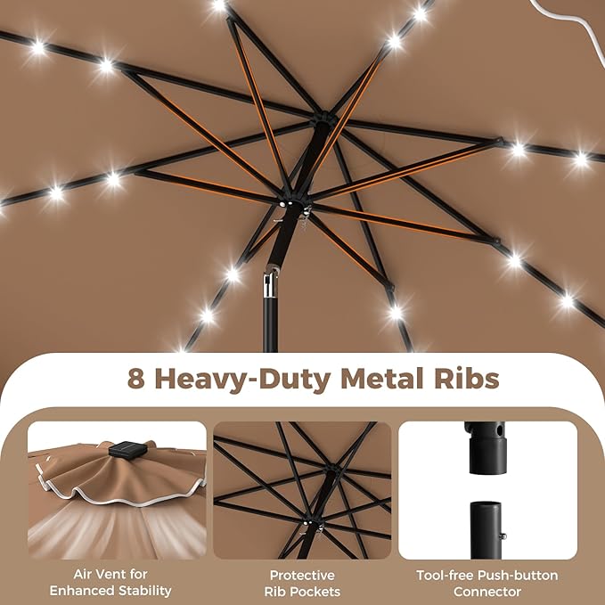 Tangkula 10 FT Solar Patio Umbrella with Base Included, 2-Tiers Outdoor Scalloped Table Umbrella with 32 LED Lights, 2 Sandbags, Tilt Adjustment, Crank, 8 Ribs for Market Backyard Pool Deck Beach Lawn (Coffee, 10 FT)