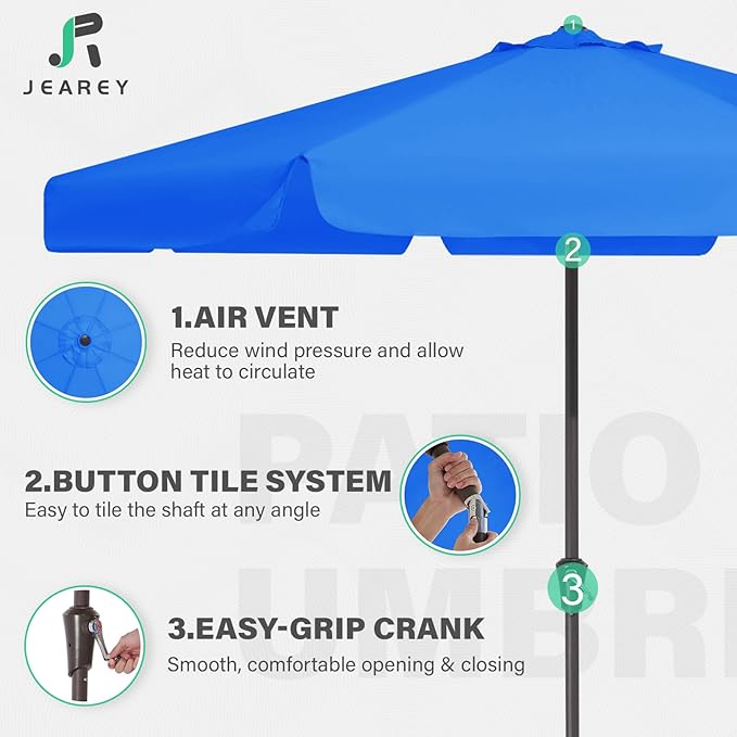 JEAREY 9 FT Patio Umbrella Outdoor, Table Umbrellas Market Umbrella w/Push Button Tilt/Crank, 8 Sturdy Ribs(Royal Blue)