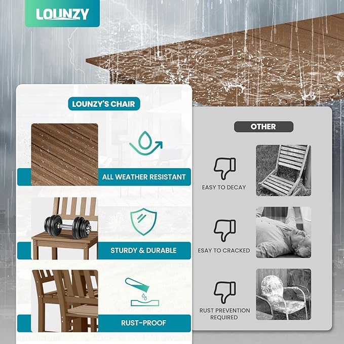 LOUNZY 9 Pieces Patio Dining Sets, Outdoor HDPE Furniture Set for 8 w/ 2" Hole Cut-Out Dining Table with 8 Armless Patio Chairs for Pool, Lawn and Garden,Brown
