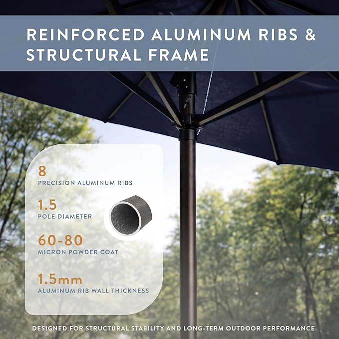 California Umbrella 8-Year Protection 9 Ft Outdoor Patio Umbrella, Solstice Fade-Resistant Fabric, Auto-Tilt, Heavy Duty Aluminum Frame, 8 Reinforced Ribs for Pool or Deck, Bronze Pole, Navy Blue