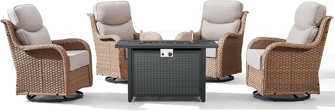 Luxury High Back Patio Furniture Set with Fire Pit Table & 6-Inch Thick Cushions, 5-Pieces Outdoor Furniture w/ 4 Swivel Chairs, Wicker Conversation Set for Porch, Balcony, Deck and Yard, Yellow/Beige