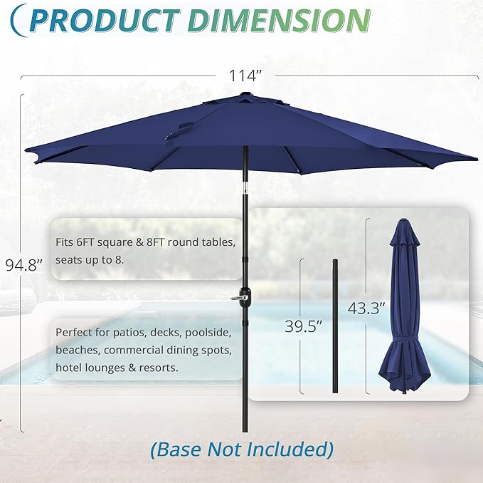 LUE BONA 10FT Patio Umbrella, Easy Crank Lift Market Umbrella with Tilt Function, Waterproof Outdoor Table Umbrella for Deck Garden Backyard Pool, Navy Blue
