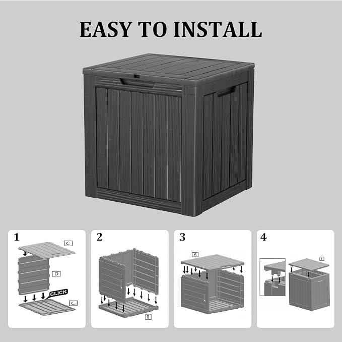 Outdoor Storage Box, 35 Gallon Waterproof Deck Box, Quick Snap-Lock Resin Cabinet for Seat Pillows, Patio Blankets, Lockable End Table Beverage Stand, Apartment Deck, Black