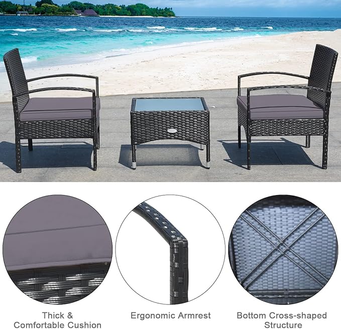 Tangkula 3 Pieces Patio Wicker Rattan Furniture Set, Rattan Chair with Coffee Table, High Load Bearing Chair Conversation Sets for Patio Garden Lawn Backyard Pool