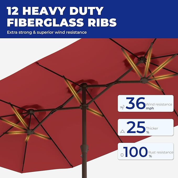 BRIOPAWS 15-FT-Large-Patio-Umbrella-with-Base | Double-Sided | Outdoor Table Umbrellas | w/Crank Handle | 12 Sturdy Fiberglass Rib | UV-Protection | for Garden Deck Backyard Pool | Red