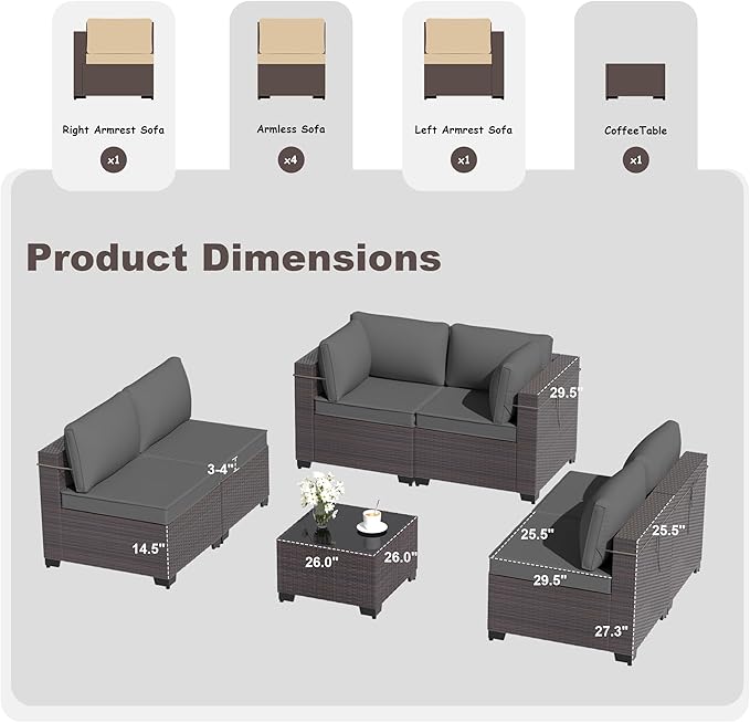 Patio Furniture Set 7PCS Outdoor Furniture for Backyard Sectional Sofa Set, Rattan Wicker Patio Conversation Set with 4 Inch Thickened Cushions and Glass Coffee Table, Grey