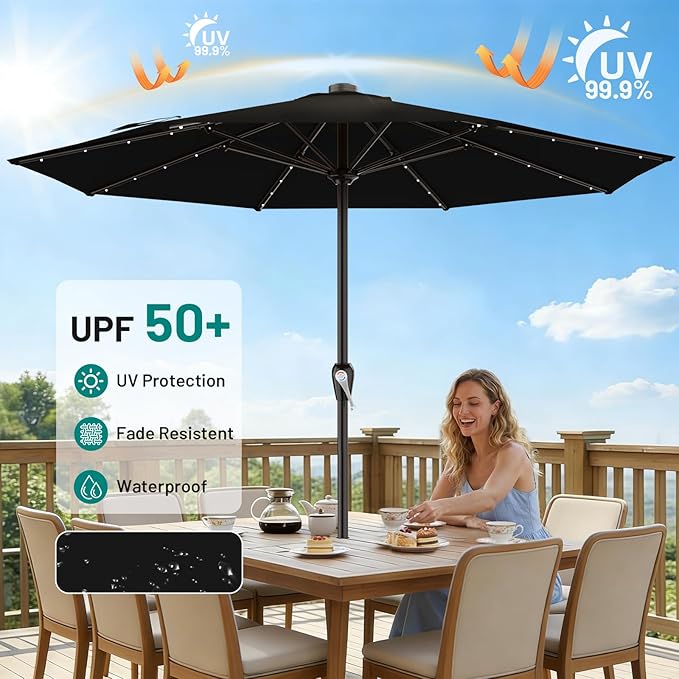 AreShark 12FT Large Patio Umbrella with Solar Lights, Solar Powered Outdoor Umbrella with Crank, Patio Table Market Umbrellas for Garden, Deck, Backyard, Pool and Beach, Black