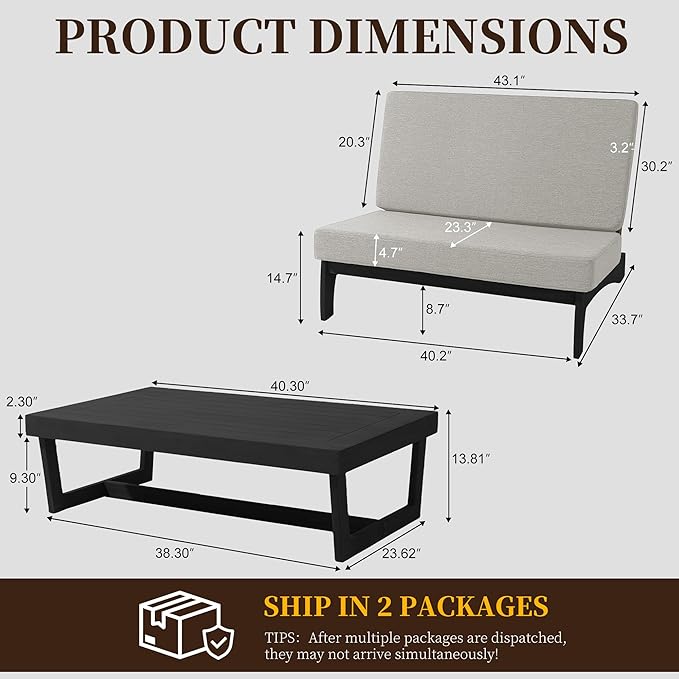 UIXE Black Wood Patio Furniture Sets, 2 Pieces All Weather Patio Loveseat Outdoor Sofa with Solid Wooden Coffee Table - Light Camel