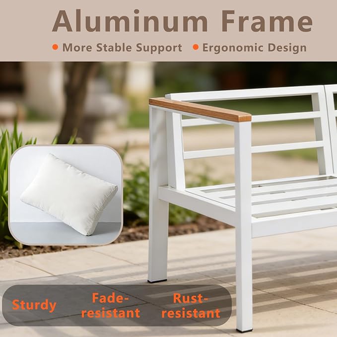 Aluminum Patio Sectional Furniture Set,5 piece Patio Conversation Sets Outdoor Patio Furniture Set Sofa with Coffee Table & Washable Cushions White