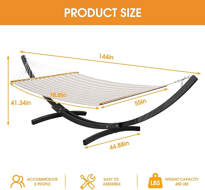 Lazy Daze Hammocks 12 FT 2 Person Double Quick Dry Textilene Hammock with Curved Steel Heavy Duty Stand for Outside, Backyard, Patio, 450 Lbs Capacity, Beige White Stripes