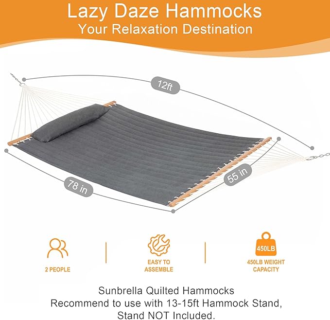 Lazy Daze Hammocks 12 FT Sunbrella Fabric Quilted Hammock Double Sunbrella Quilted Hammock with Spreader Bars & Pillow, All Weather and Fade Resistant for Outdoor, 450 lbs Capacity, Cast Slate