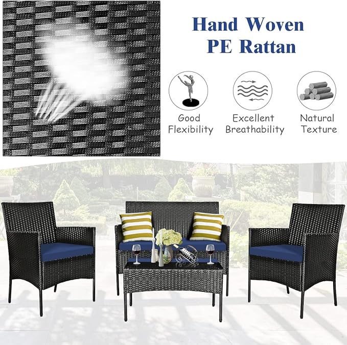 Tangkula 8 Piece Patio Furniture Set, Outdoor Wicker Conversation Set with Tempered Glass Coffee Table, Rattan Loveseat & Chairs Set with Seat Cushions for Backyard, Garden, Poolside (2, Navy)