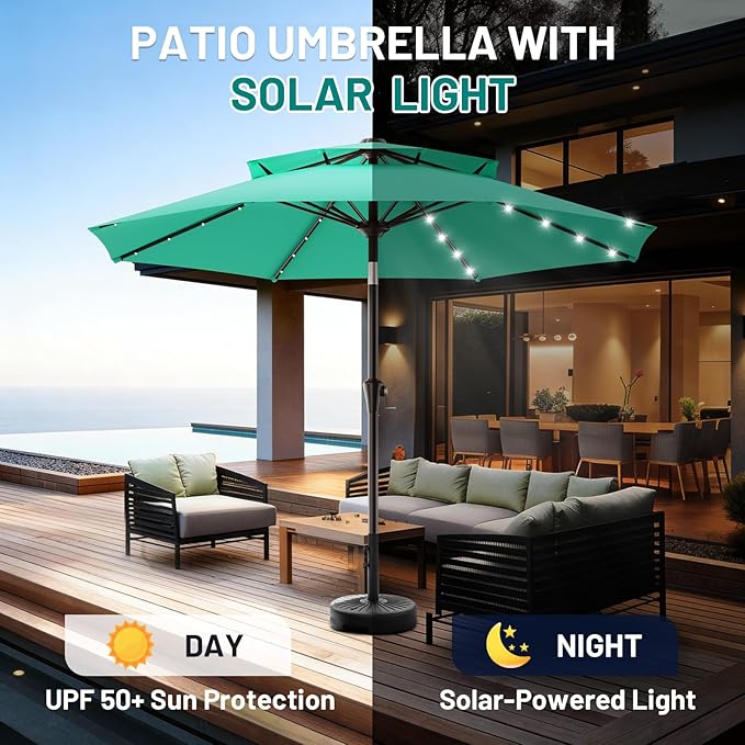 AreShark 9ft 2 Tiers Patio Umbrella with Solar Lights, Outdoor Umbrella w/ 32 LED Lights&8 Sturdy Ribs, Table Umbrella for Deck, Backyard, Pool(Turquoise)