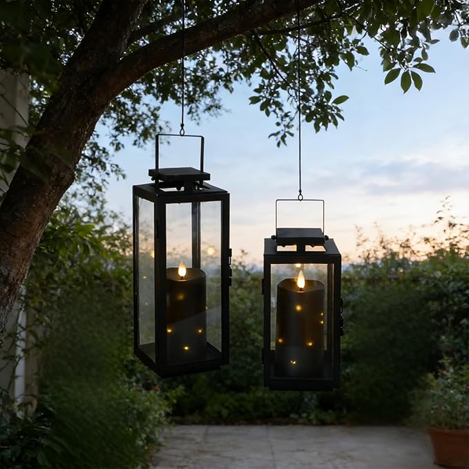 Lezonic Black Flameless Waterproof Outdoor Candles with Remote, 4Pcs Battery Operated Candles LED Flickering Dancing Flame, Built-in String Lights for Halloween Patio Room Decor, 3.25" x 6"